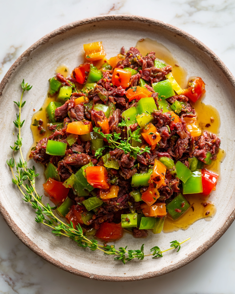 Recette rapide et facile de Bully Beef jamaïcain servi avec des légumes aromatiques, idéal pour les repas conviviaux et les occasions festives.