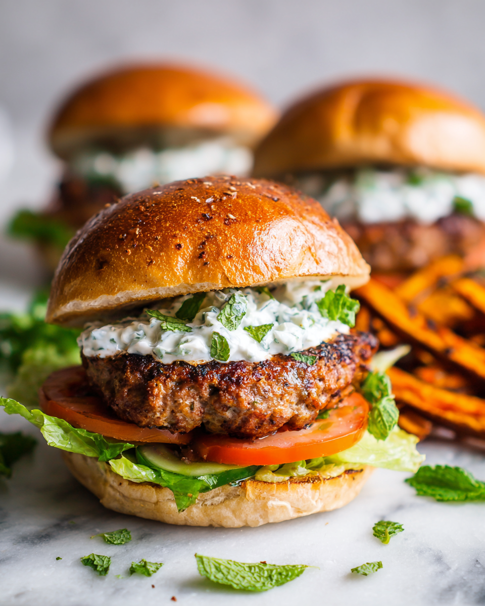 Savoureux burgers d'agneau à la marocaine, préparés au barbecue avec une sauce tzatziki fraîche. Parfait pour vos repas d'été