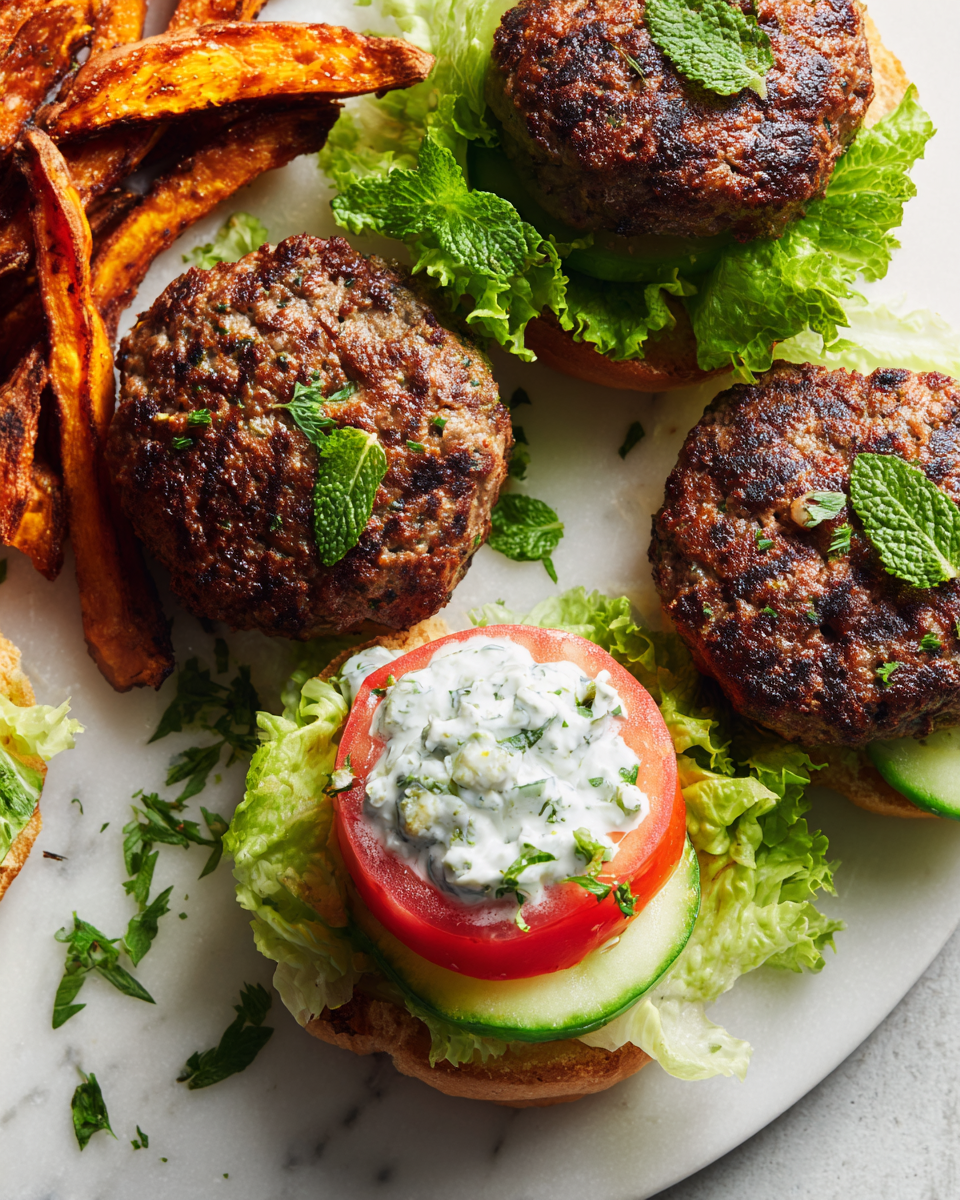 Savoureux burgers d'agneau à la marocaine, préparés au barbecue avec une sauce tzatziki fraîche. Parfait pour vos repas d'été