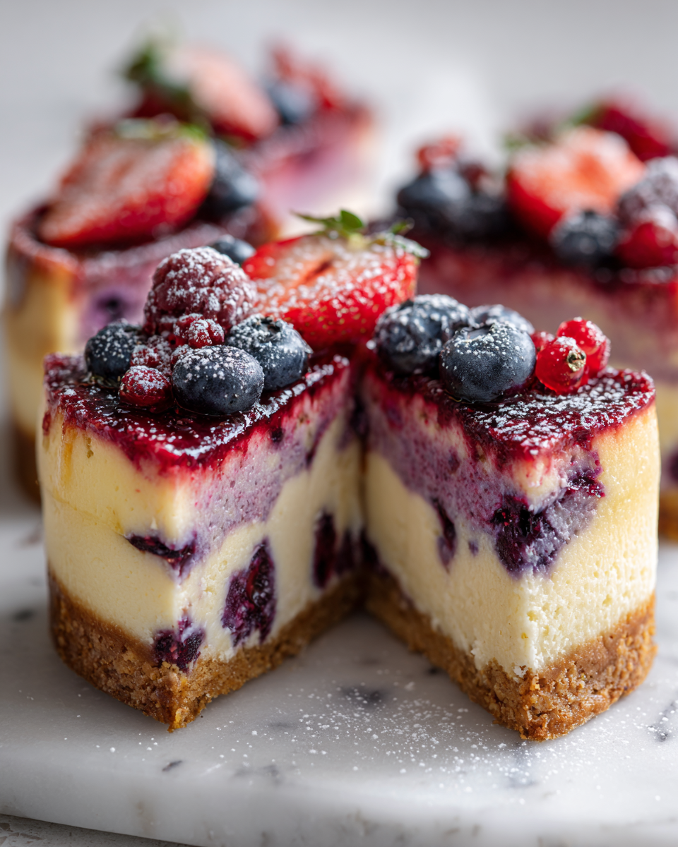 Cheesecake aux baies à trois couches, un dessert crémeux et coloré, parfait pour les célébrations printanières.