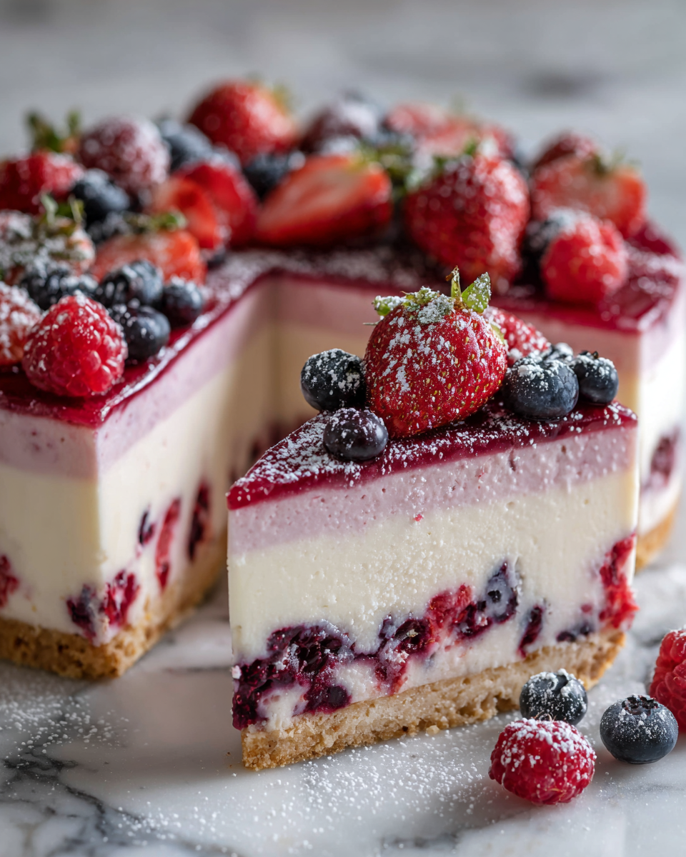 Cheesecake aux baies à trois couches, un dessert crémeux et coloré, parfait pour les célébrations printanières.