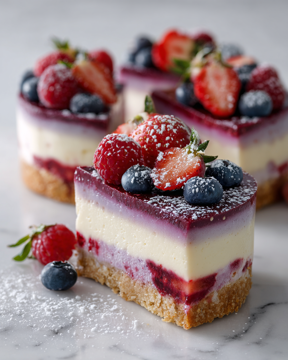 Cheesecake aux baies à trois couches, un dessert crémeux et coloré, parfait pour les célébrations printanières.