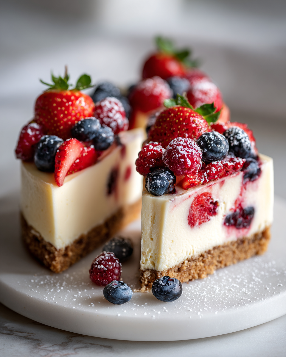 Cheesecake aux baies à trois couches, un dessert crémeux et coloré, parfait pour les célébrations printanières.