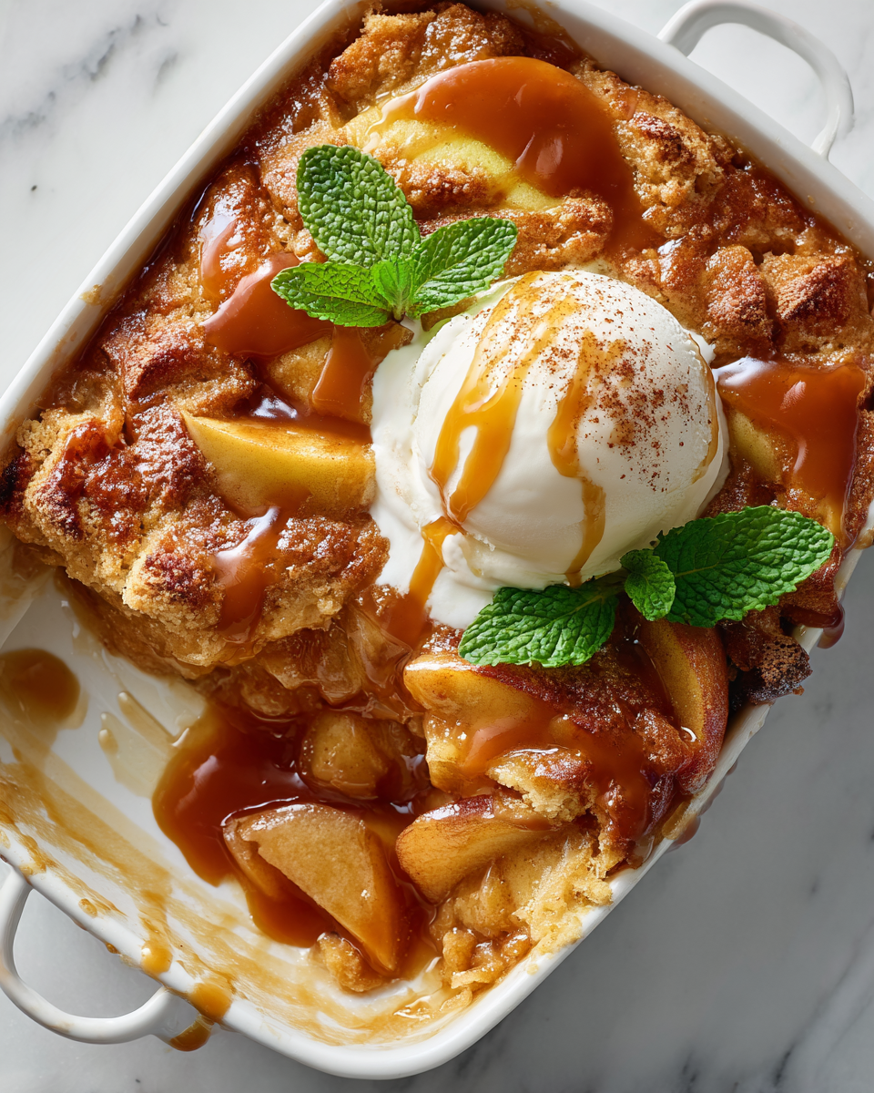 Cobbler aux pommes caramélisées servi chaud avec glace à la vanille, parfait dessert d'automne.
