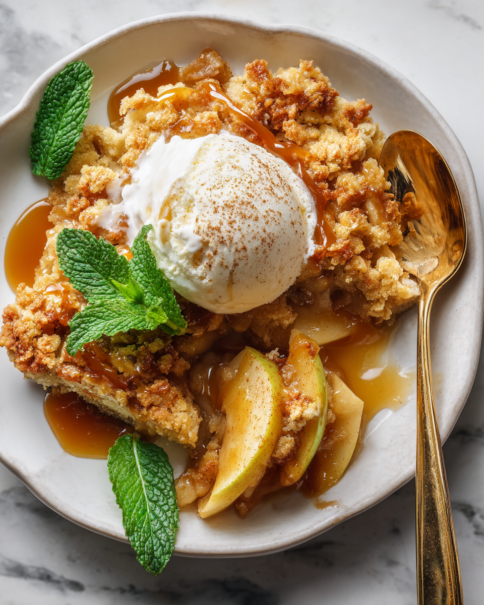 Cobbler aux pommes caramélisées servi chaud avec glace à la vanille, parfait dessert d'automne.