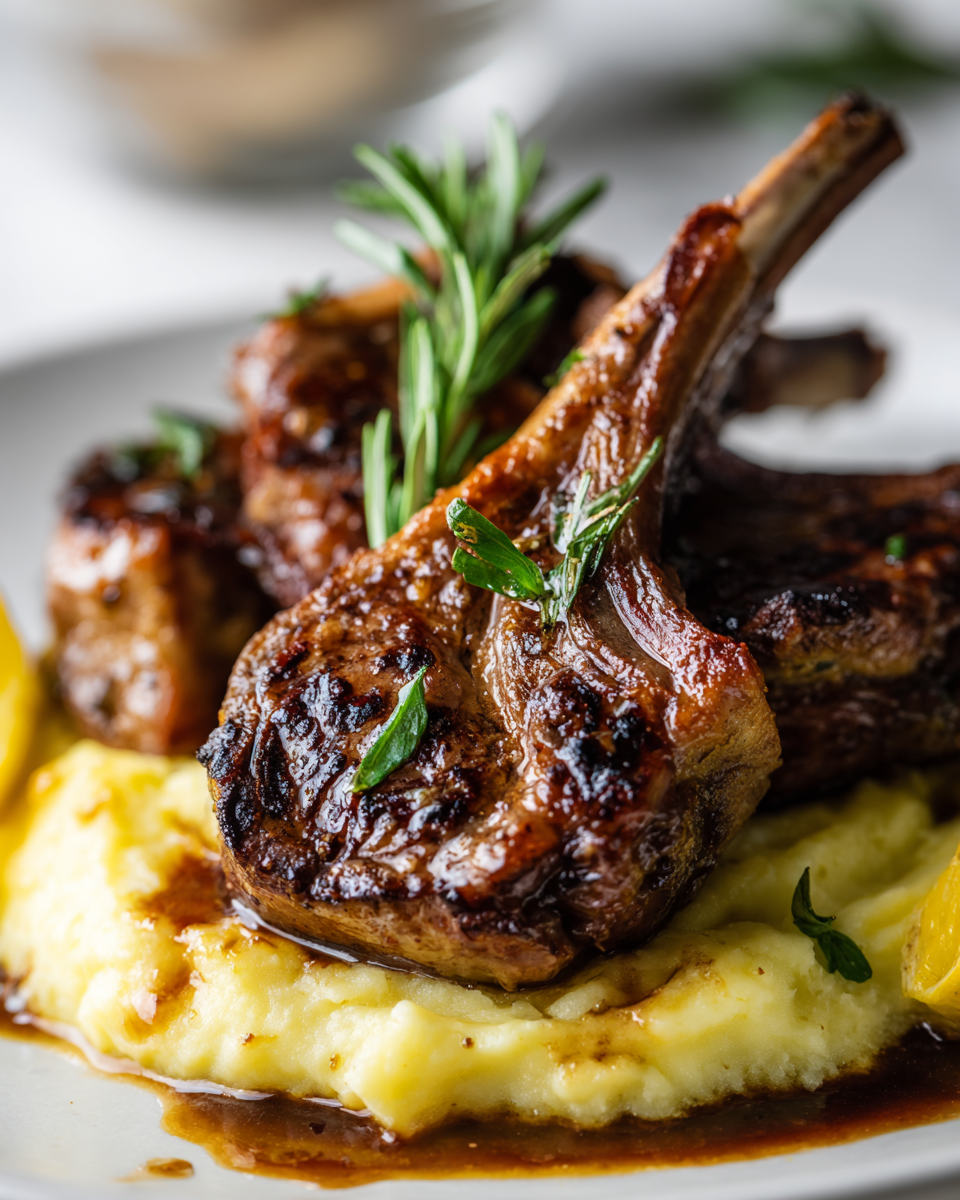 Délicieuses côtelettes d'agneau au romarin avec purée de pommes de terre crémeuse, idéal pour une fête printanière.