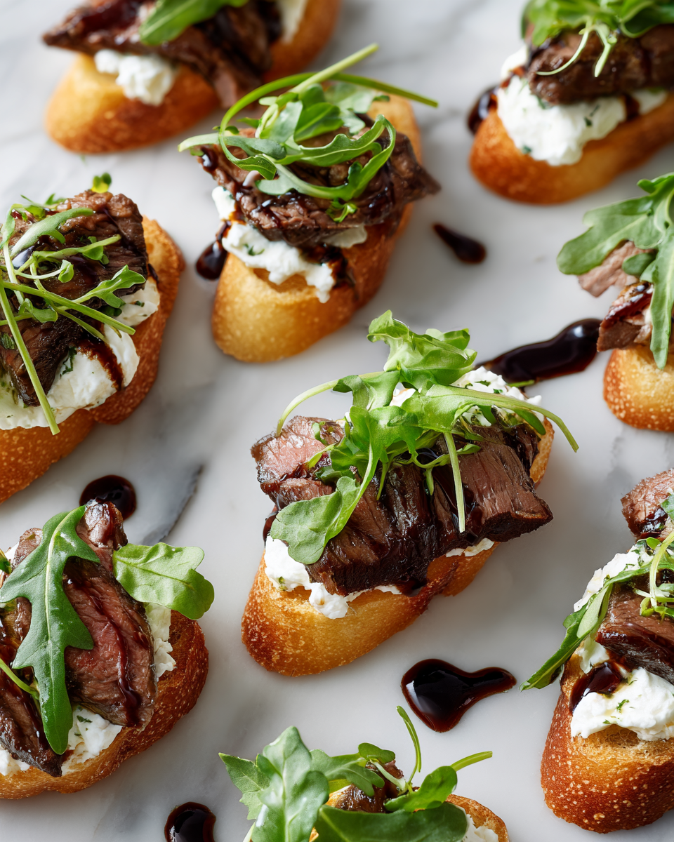 Crostinis de burrata et steak, apéritif printanier facile et délicieux, recettes d'été, plats légers, amuse-bouches