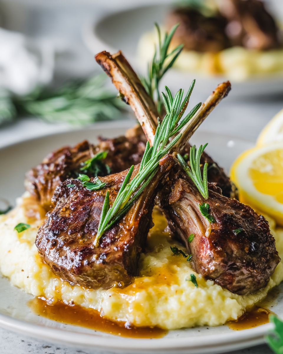 Délicieuses côtelettes d'agneau au romarin avec purée de pommes de terre crémeuse, idéal pour une fête printanière.