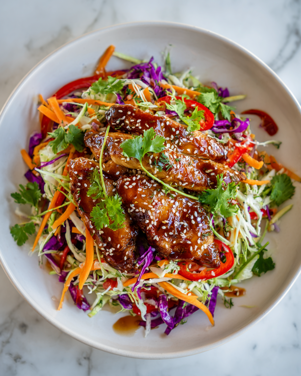 Poulet au miel et à l'ail avec salade asiatique croquante, plat rapide et savoureux
