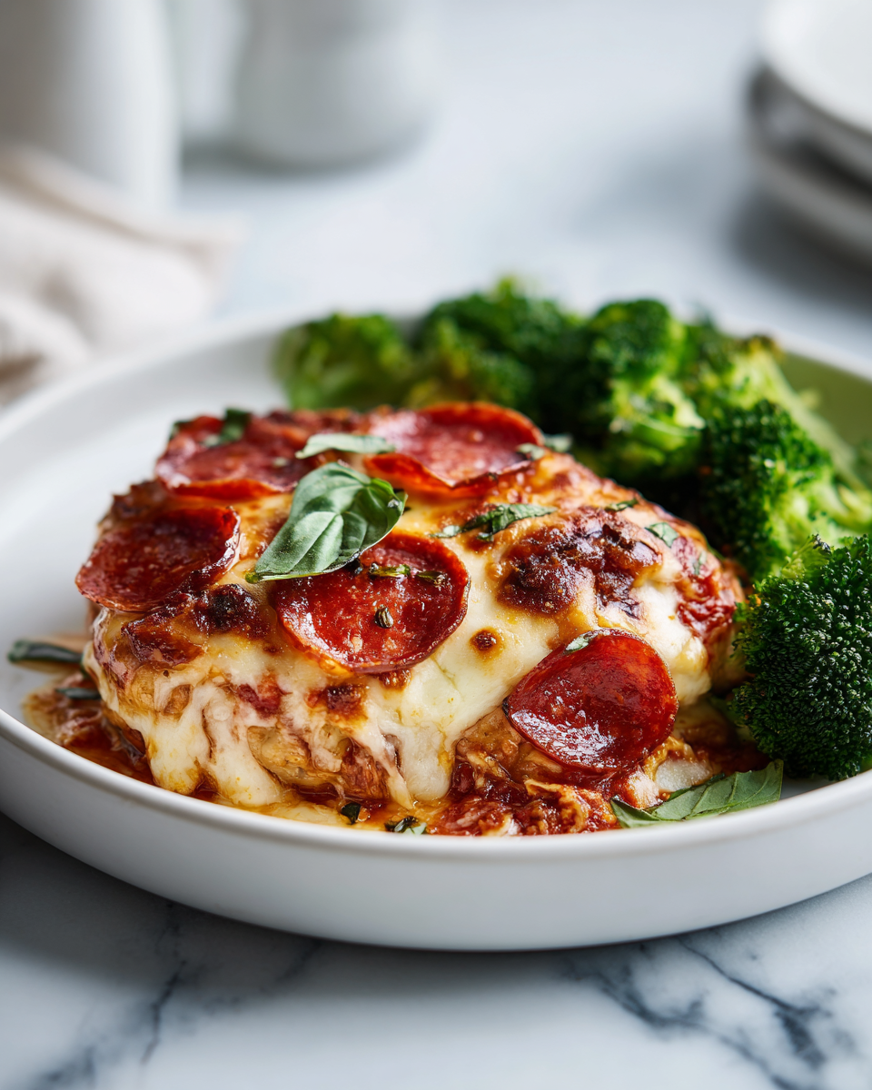 Savoureux poulet au pepperoni cuit au four avec brocoli vapeur