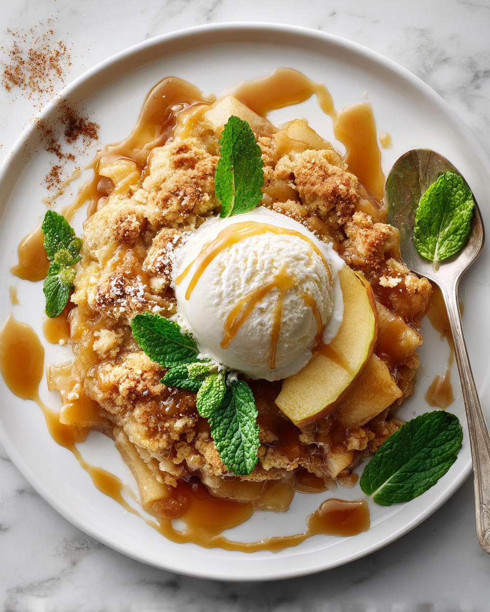 Cobbler aux pommes caramélisées servi chaud avec glace à la vanille, parfait dessert d'automne.