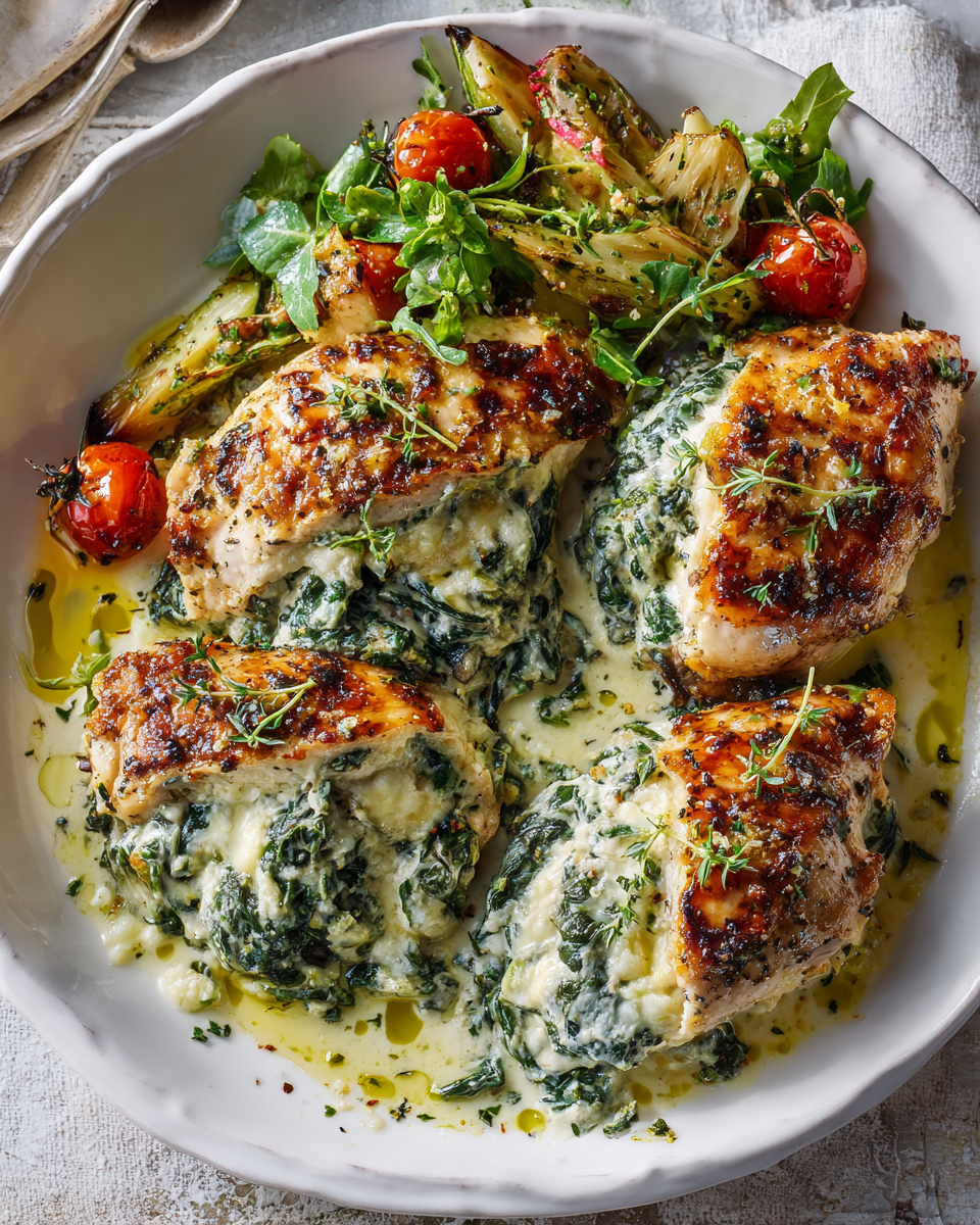 Poulet farci aux épinards crémeux, plat réconfortant à base de poulet bio, épinards frais et fromage à la crème.