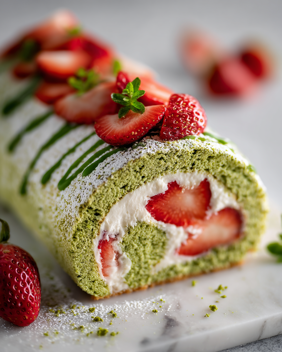 Roulade légère aux fraises et matcha, un dessert parfait pour l'automne, équilibrant saveurs terreuses et fruitées.