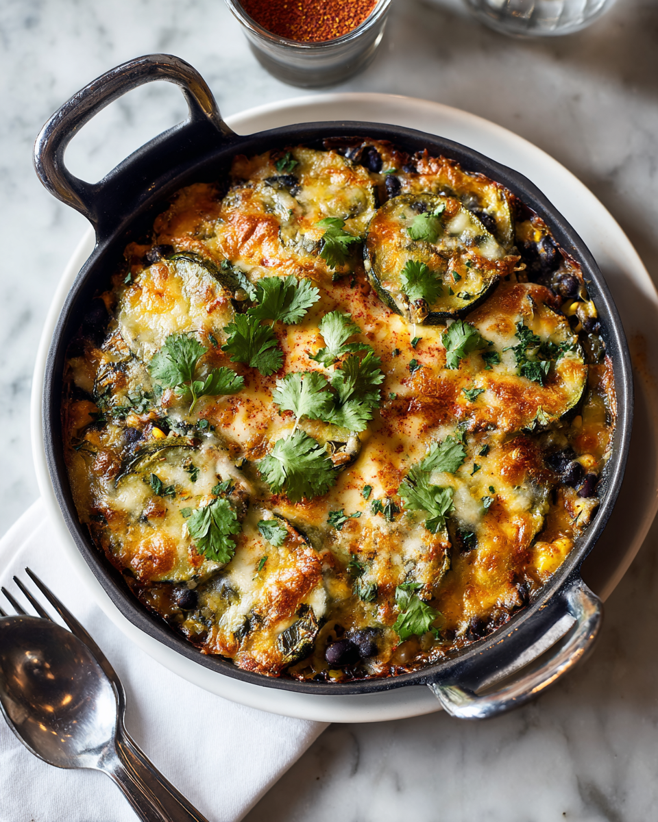 Gratin de courgettes tex-mex coloré, délicieux et riche en protéines, un plat d'été facile à préparer.