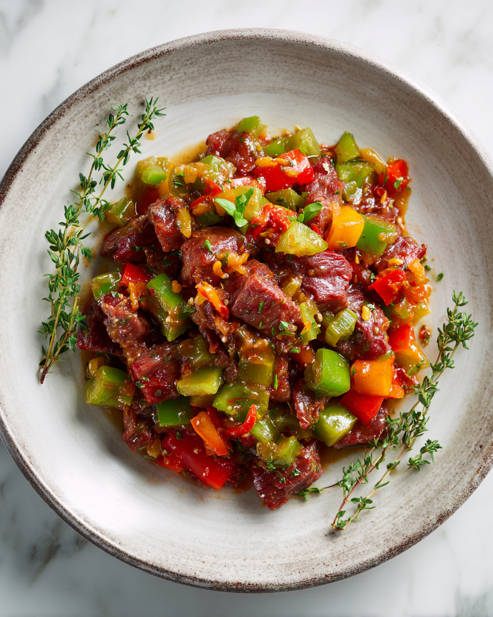 Recette rapide et facile de Bully Beef jamaïcain servi avec des légumes aromatiques, idéal pour les repas conviviaux et les occasions festives.