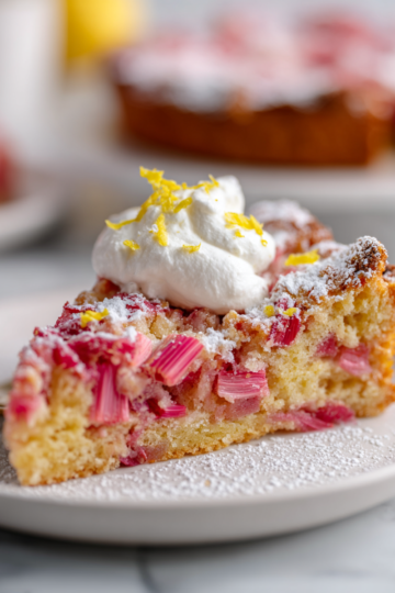 Délicieux Rhubarb Buckle avec rhubarbe fraîche, un dessert printanier facile à partager lors de la Fête des Mères.