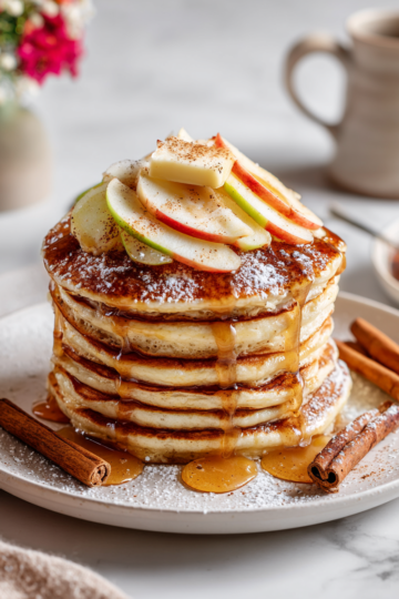 Pancakes moelleux au sucre brun et cannelle, parfaits pour un brunch d'automne, garnis de fruits frais et de sirop d'érable.