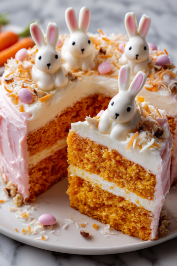 Délicieux gâteau aux carottes en forme de lapin, décoré pour Pâques, avec un glaçage au fromage à la crème.
