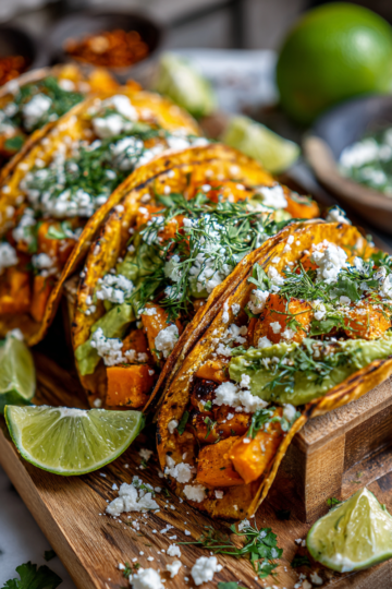 Tacos de patates douces rôties garnis d'avocat et de feta