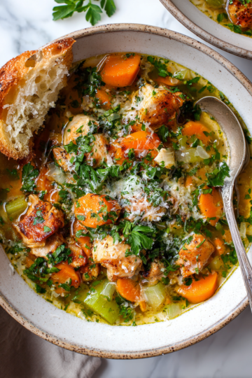 Bol de soupe italienne pénicilline réconfortante, garnie de persil et de parmesan, idéale pour l'automne.
