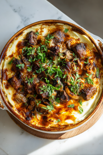 Pudding de boeuf et de bière cuit au four, plats réconfortants fait maison, recette automnale