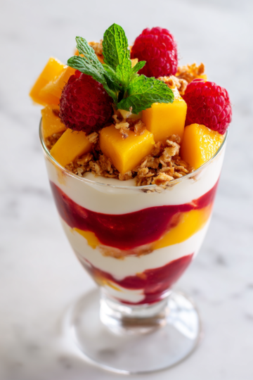 Parfait de yaourt à la framboise et mangue, dessert léger et frais, parfait pour le brunch, avec des agréments croquants.