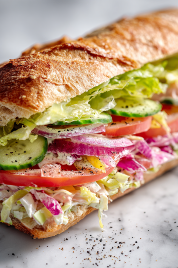 Savourez ce Sandwich Salade Sous-Marin Coloré Sandwich salade sous-marin garni de viandes et légumes frais, parfait pour un repas d'automne en pique-nique.