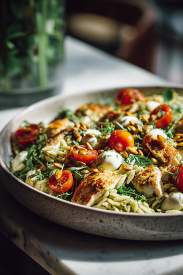 Savourez cette Salade Orzo Pesto au Poulet Salade Orzo Pesto au Poulet avec tomates cerises et mozzarella fraîche