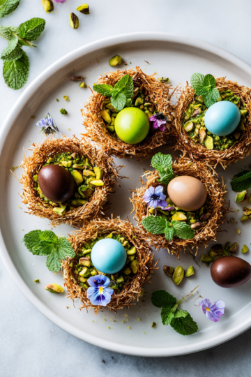 Des Nids de Pistache Parfaits pour Pâques Nids de pistache décorés pour Pâques, une pâtisserie printanière délicieuse et festive.