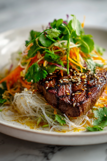Savourez un Steak Miso with Salade de Nouilles Croquante Steak mariné au miso avec salade de nouilles croquantes, un plat savoureux et réconfortant idéal pour l'automne.