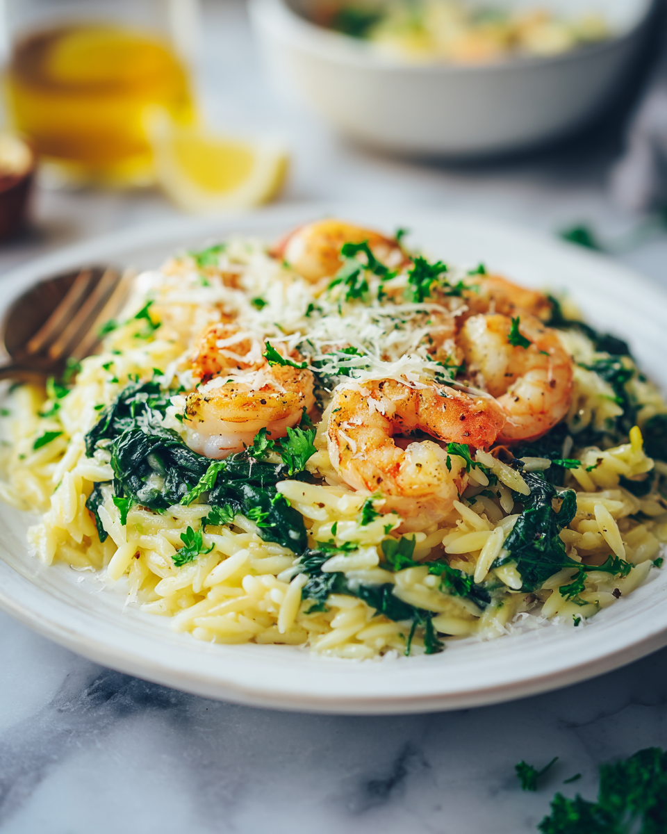 Recette facile d'orzo aux crevettes et citron, plat printanier rapide et délicieux, idéal pour les pique-niques.