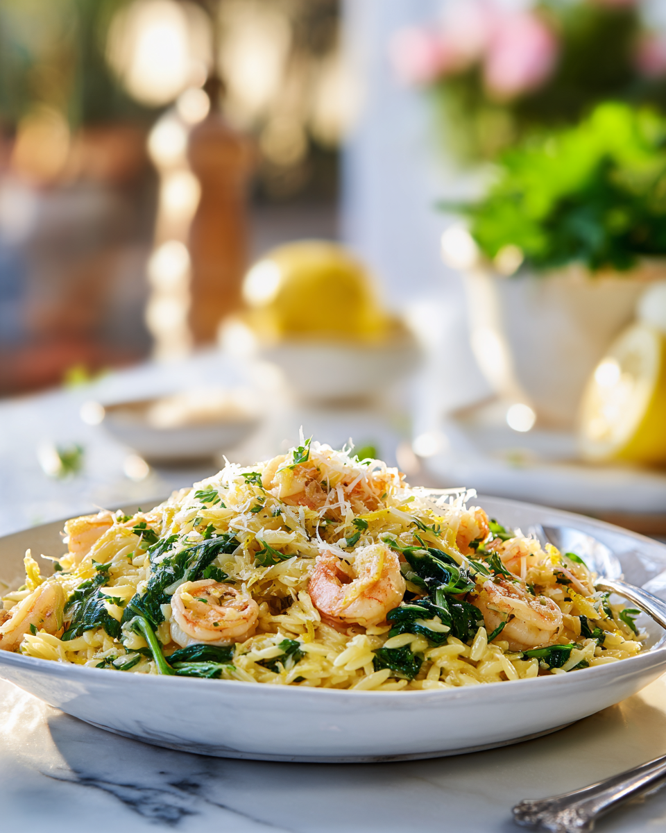 Recette facile d'orzo aux crevettes et citron, plat printanier rapide et délicieux, idéal pour les pique-niques.