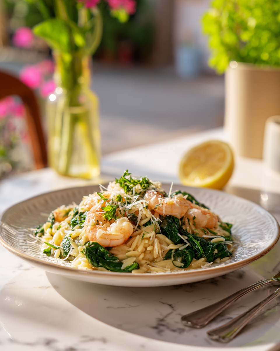 Recette facile d'orzo aux crevettes et citron, plat printanier rapide et délicieux, idéal pour les pique-niques.