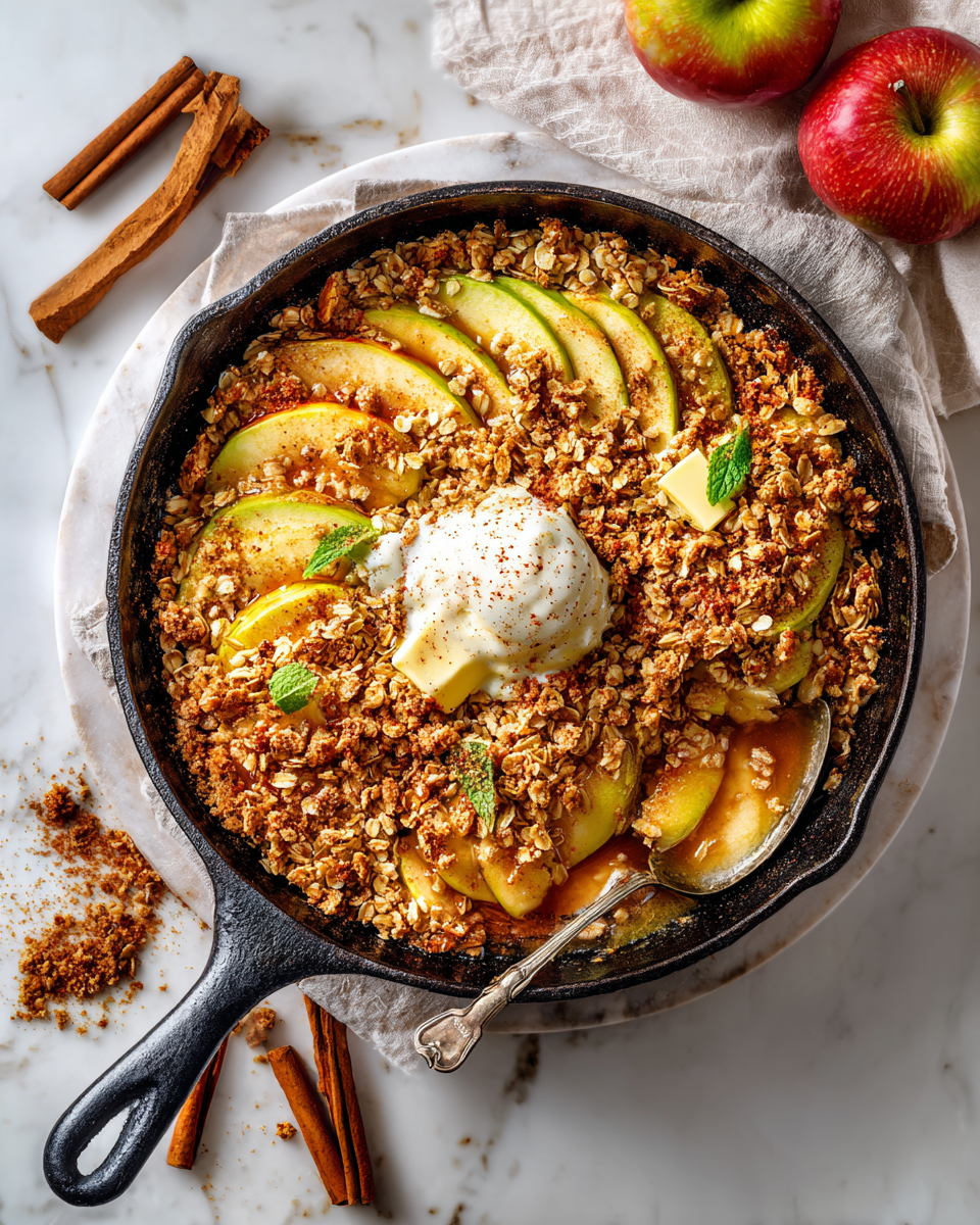 Croustillant aux pommes doré, gâteau d'automne idéal, avec garniture croustillante de flocons d'avoine et pommes juteuses.