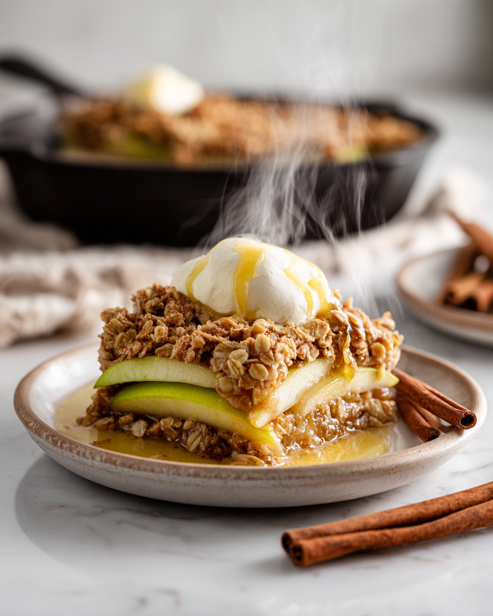 Croustillant aux pommes doré, gâteau d'automne idéal, avec garniture croustillante de flocons d'avoine et pommes juteuses.