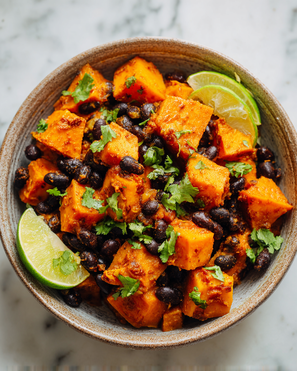 Curry de patate douce et haricots noirs à la jerk, un plat réconfortant aux saveurs épicées d'automne, facile à préparer pour la famille.