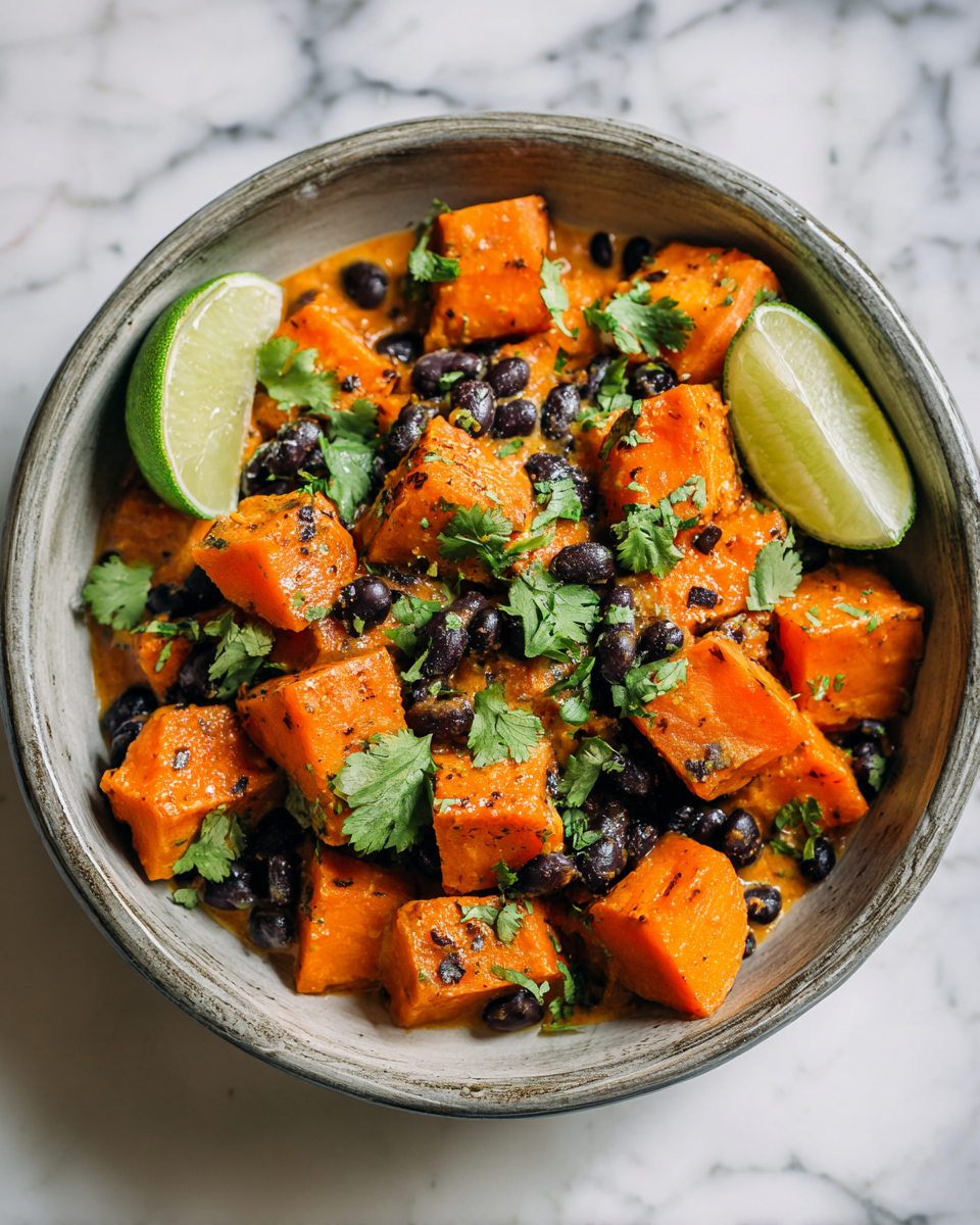 Curry de patate douce et haricots noirs à la jerk, un plat réconfortant aux saveurs épicées d'automne, facile à préparer pour la famille.