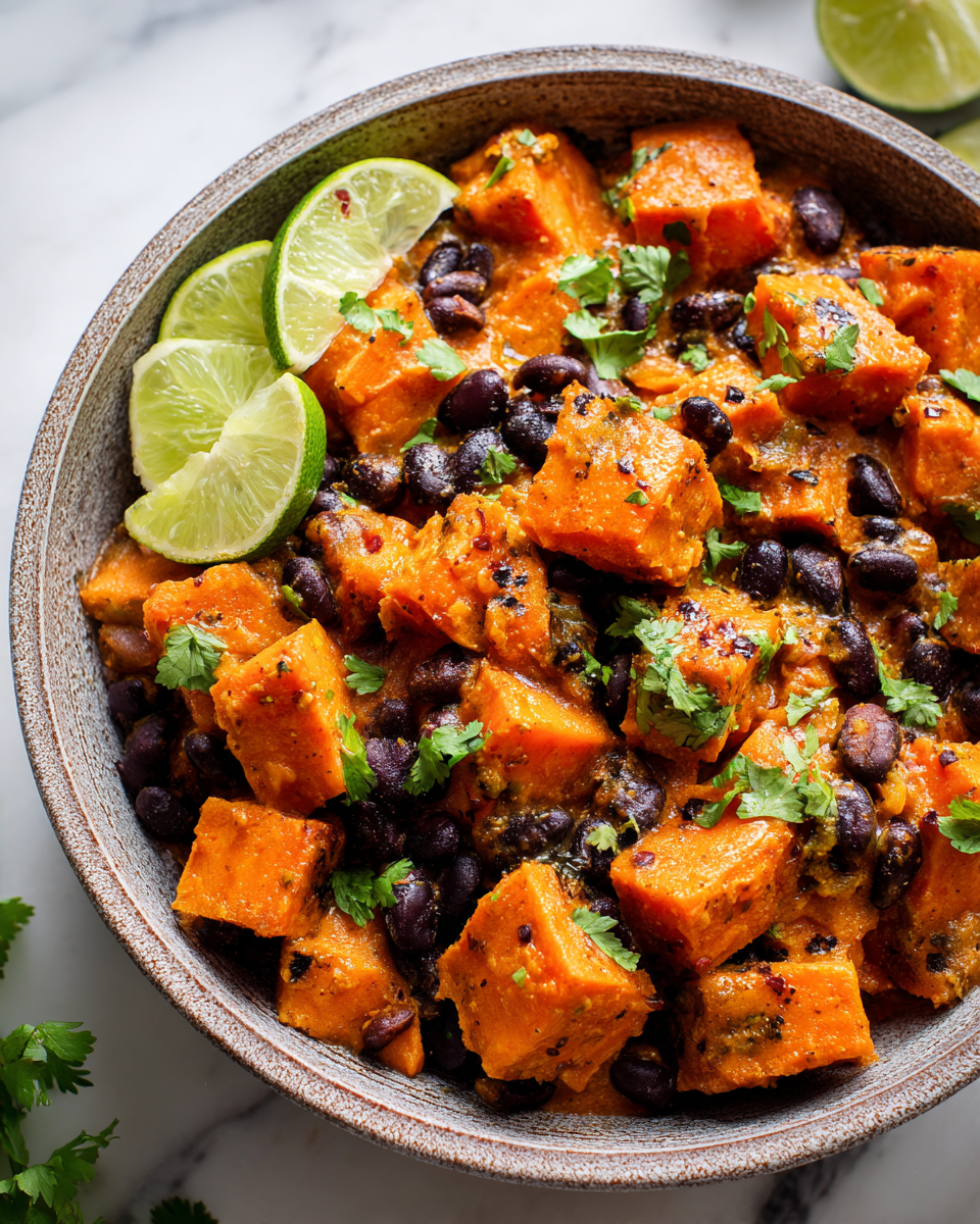 Curry de patate douce et haricots noirs à la jerk, un plat réconfortant aux saveurs épicées d'automne, facile à préparer pour la famille.