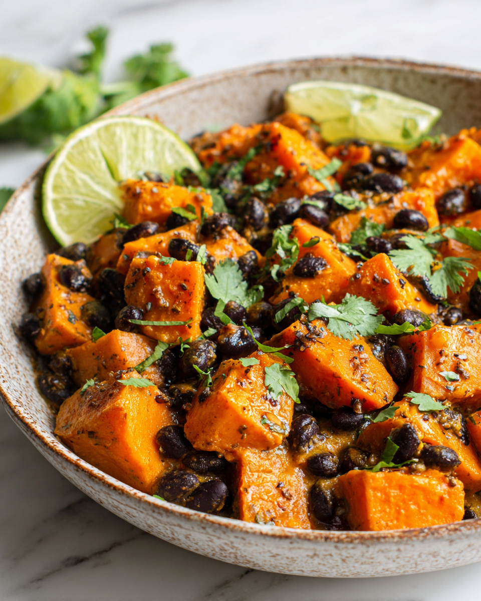 Curry de patate douce et haricots noirs à la jerk, un plat réconfortant aux saveurs épicées d'automne, facile à préparer pour la famille.