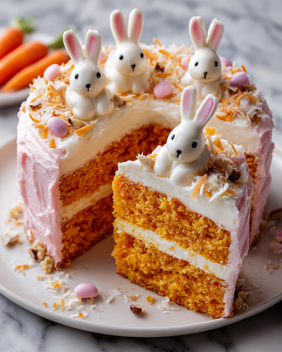 Délicieux gâteau aux carottes en forme de lapin, décoré pour Pâques, avec un glaçage au fromage à la crème.