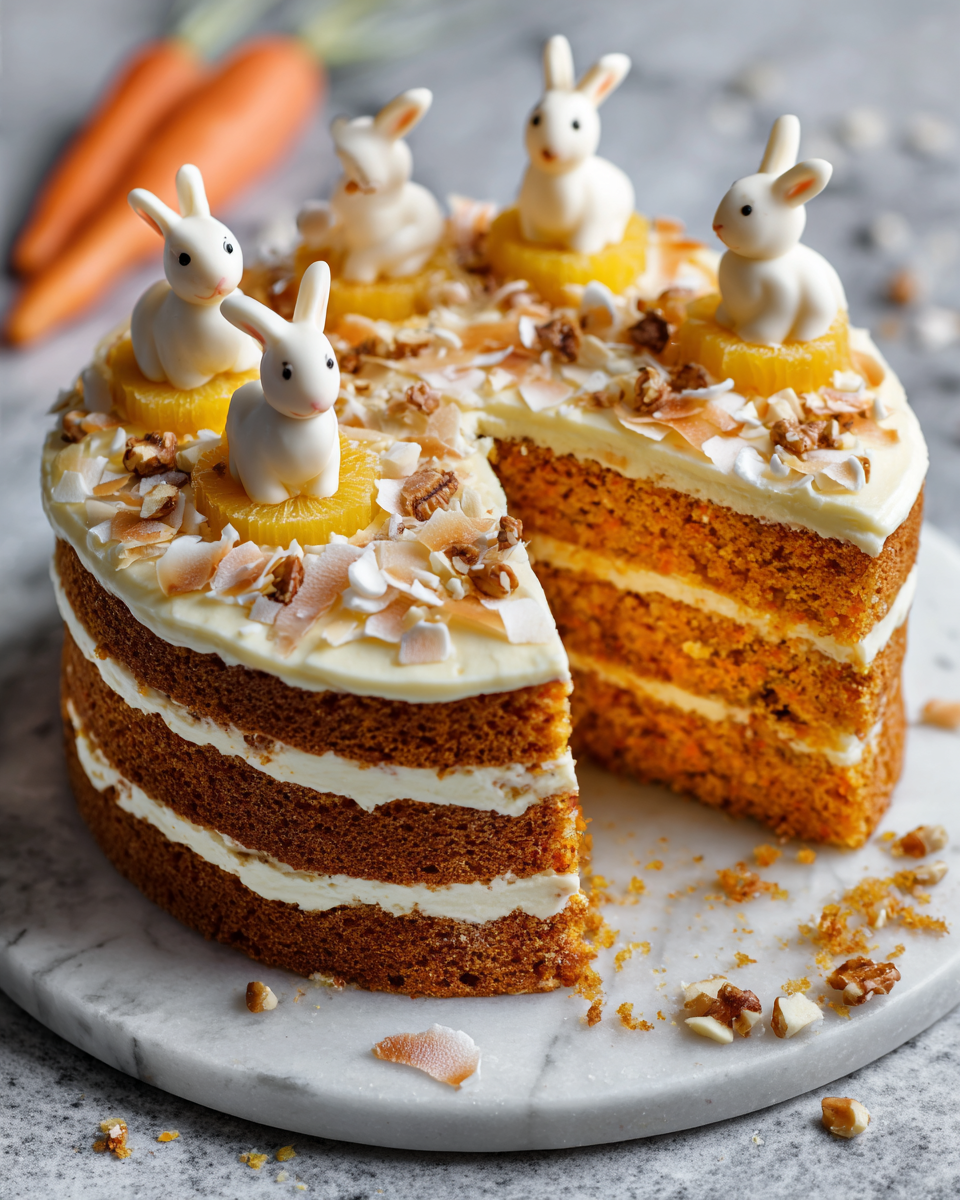Délicieux gâteau aux carottes en forme de lapin, décoré pour Pâques, avec un glaçage au fromage à la crème.