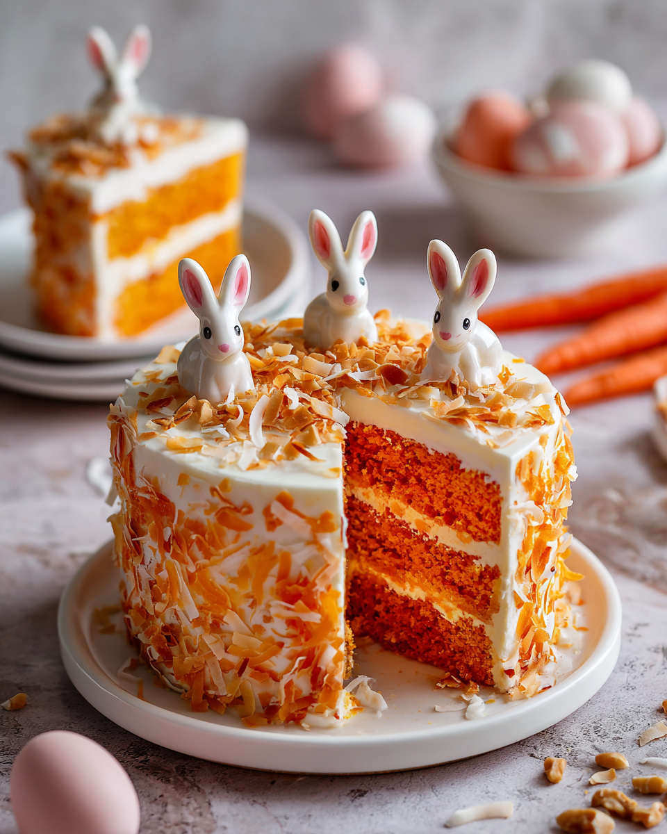 Délicieux gâteau aux carottes en forme de lapin, décoré pour Pâques, avec un glaçage au fromage à la crème.