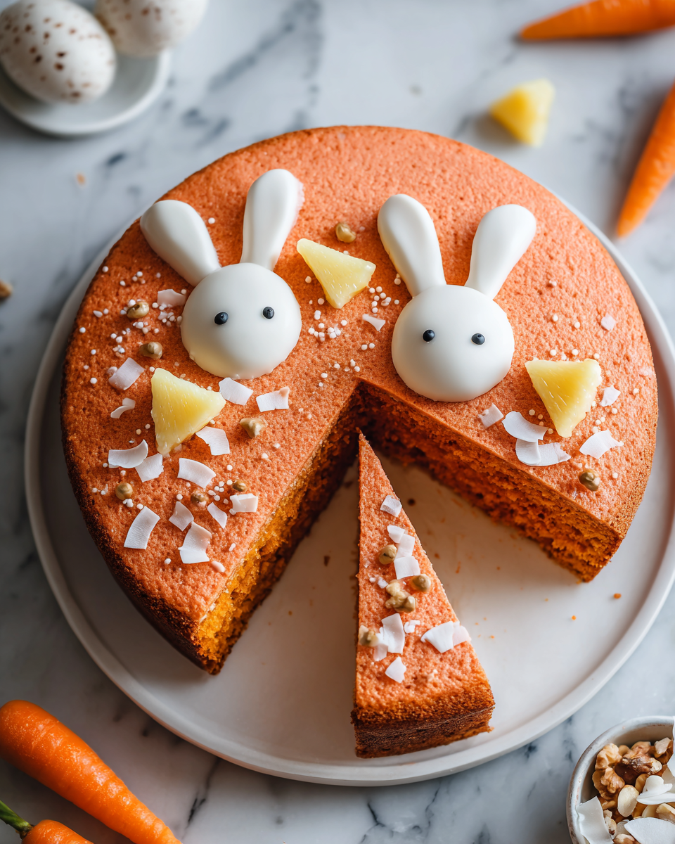 Délicieux gâteau aux carottes en forme de lapin, décoré pour Pâques, avec un glaçage au fromage à la crème.