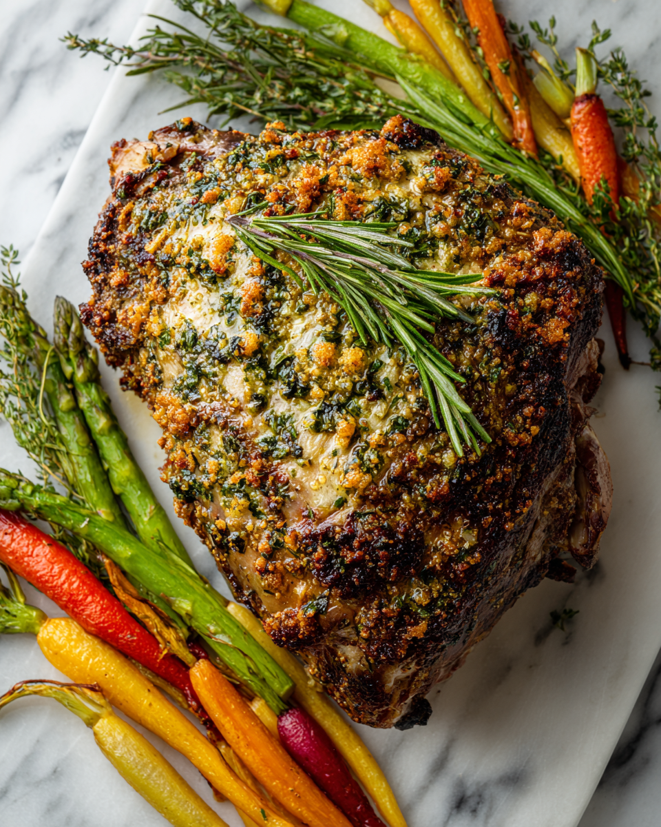 Recette de gigot d'agneau rôti avec une croûte aux herbes de printemps, délicieux plat principal.