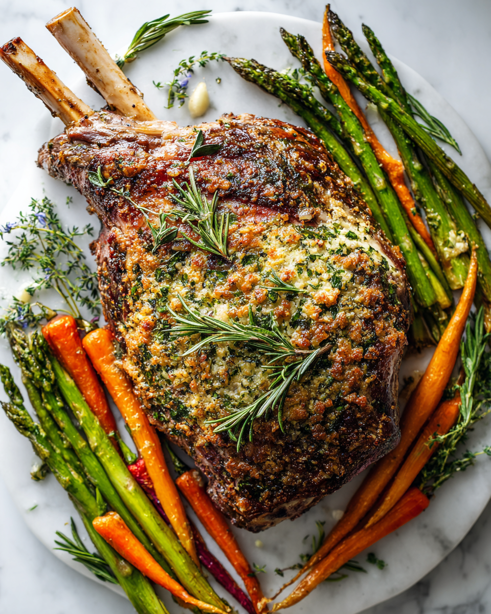 Savoureux Gigot d'Agneau avec Croûte aux Herbes de Printemps Recette de gigot d'agneau rôti avec une croûte aux herbes de printemps, délicieux plat principal.