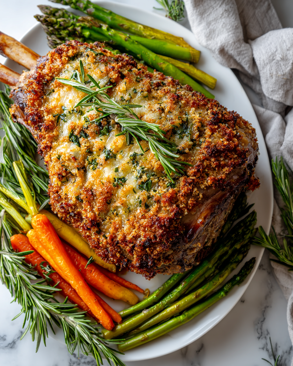 Savoureux Gigot d'Agneau avec Croûte aux Herbes de Printemps Recette de gigot d'agneau rôti avec une croûte aux herbes de printemps, délicieux plat principal.