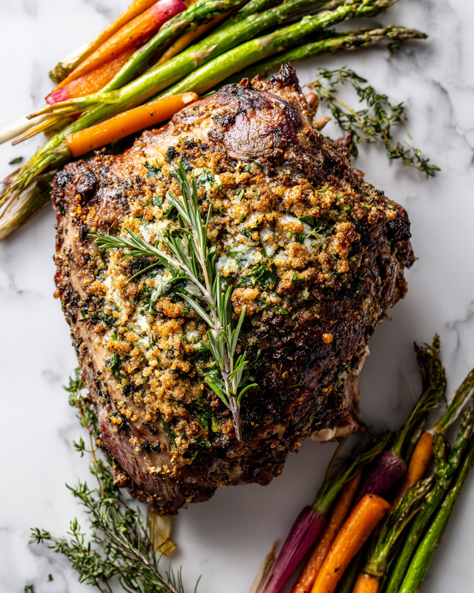 Savoureux Gigot d'Agneau avec Croûte aux Herbes de Printemps Recette de gigot d'agneau rôti avec une croûte aux herbes de printemps, délicieux plat principal.