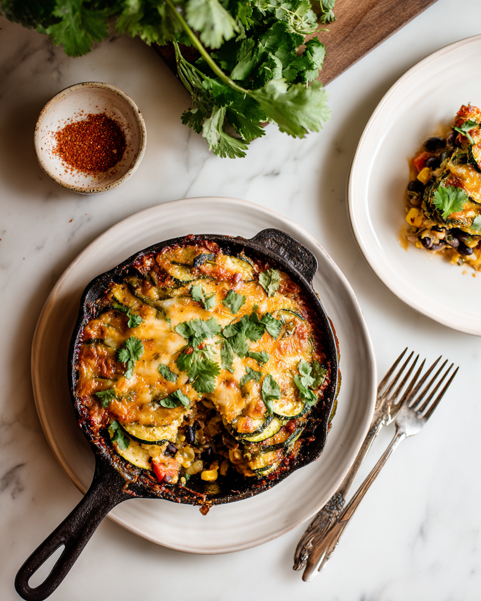 Gratin de courgettes tex-mex coloré, délicieux et riche en protéines, un plat d'été facile à préparer.
