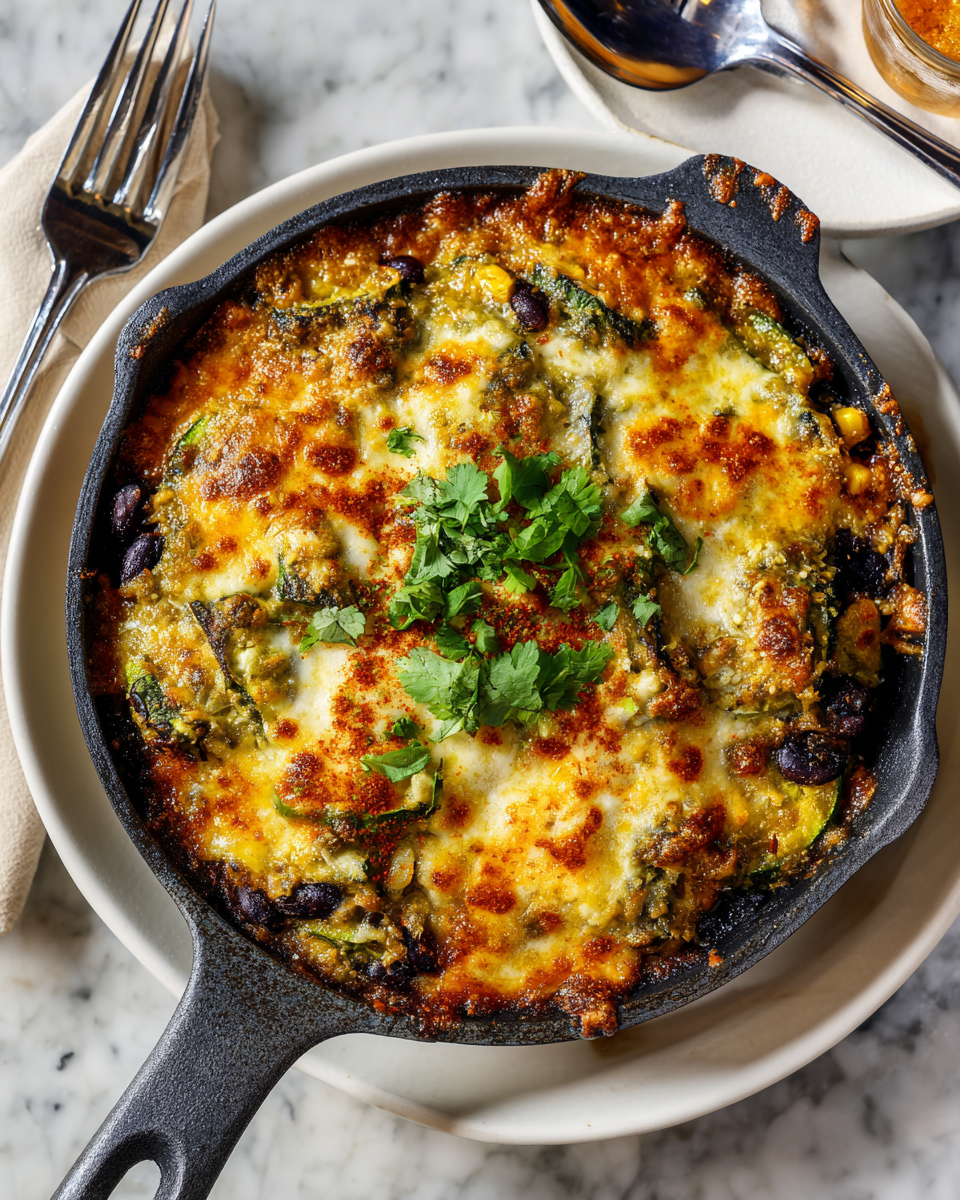 Gratin de courgettes tex-mex coloré, délicieux et riche en protéines, un plat d'été facile à préparer.
