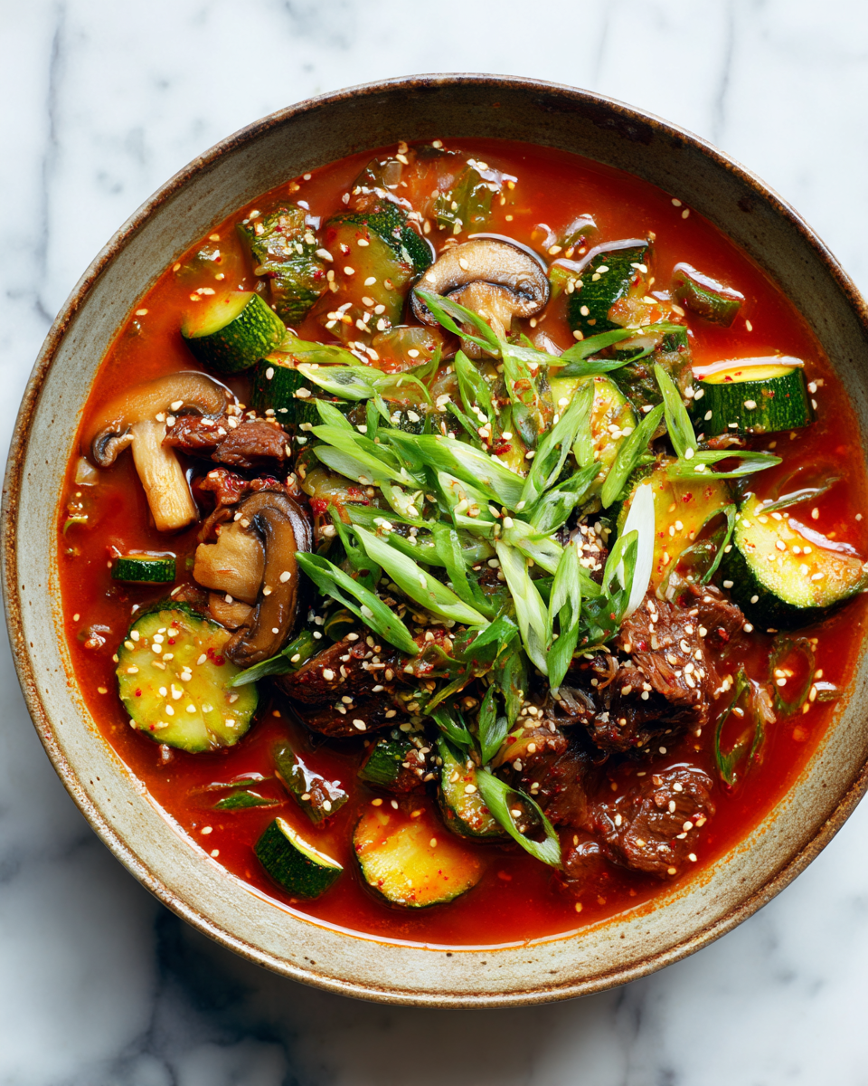 Recette de jjigae coréen réconfortant avec viande, tofu et légumes, parfait pour les repas en famille.
